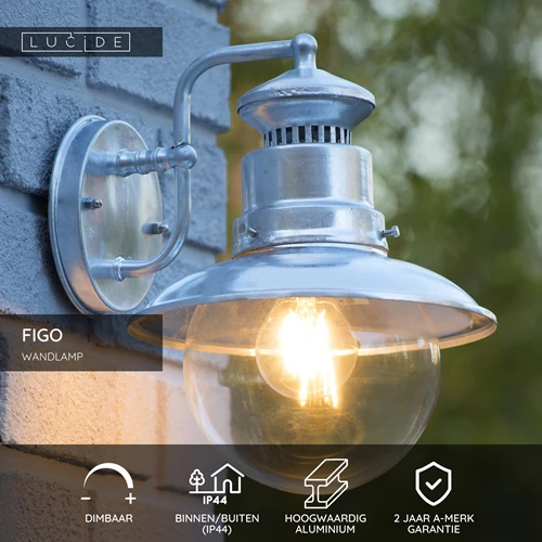 Lucide FIGO - Wandlamp Binnen/Buiten - Ø 21,5 cm - 1xE27 - IP44 - Zink - USP